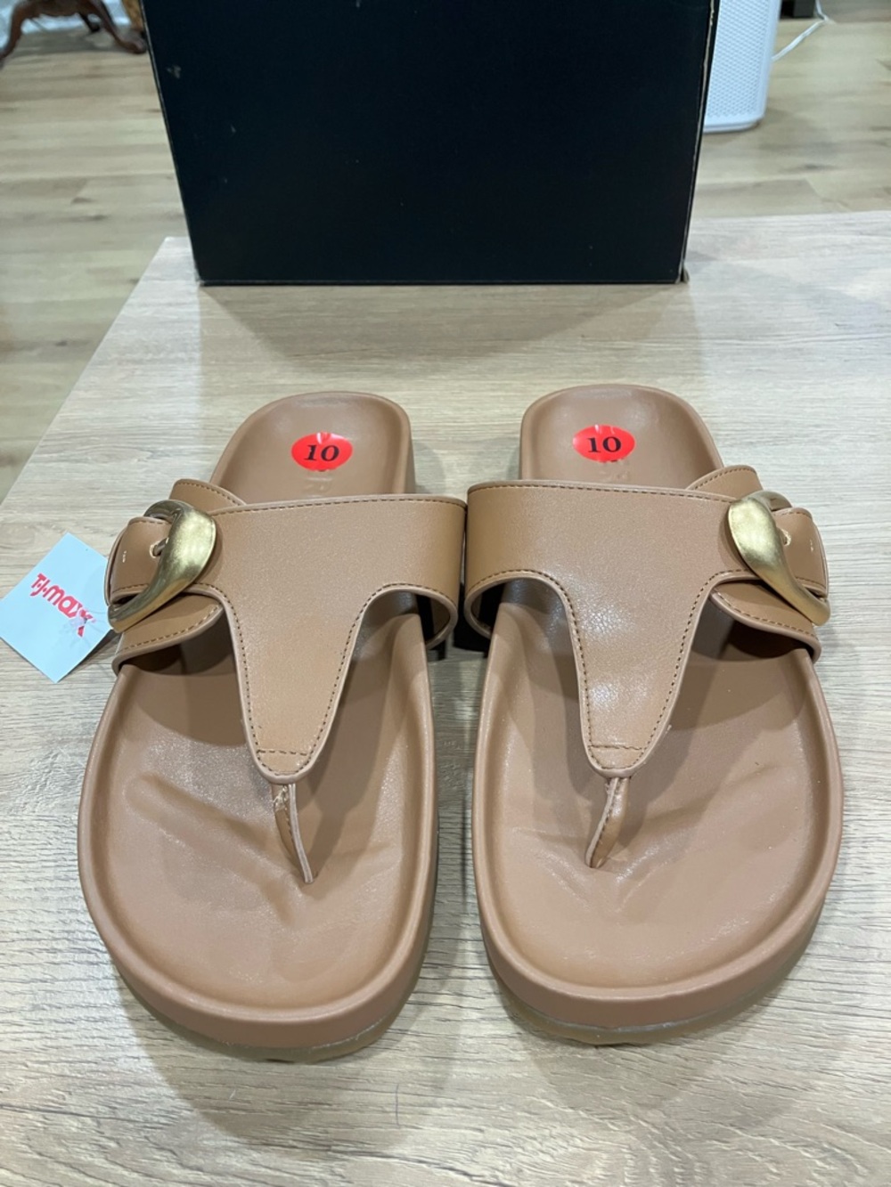 AEROSOLES Tan Thong Slide Sandals with Gold Buckle
